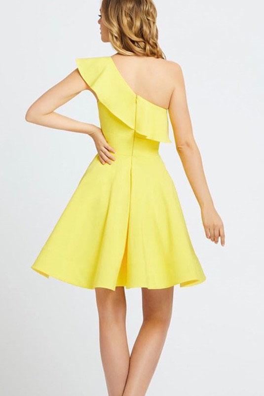 One Shoulder Yellow Satin Ruffled Above Knee Short Prom Dresses Formal Dresses