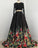 A line Two Piece Black Long Sleeve Prom Dress With Floral Print Skirt Evening Dresses