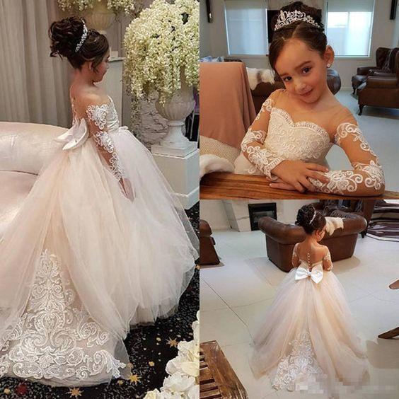 Ball Gown Round Neck Long Sleeves Tulle Bowknot Flower Girl Dress with Appliques