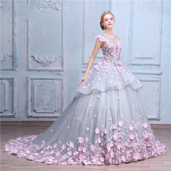 Pretty Flowers Quinceanera Dresses Ball Gown Long Backless Wedding Gowns
