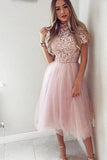 Pink Tea Length Tulle High Neck Short Sleeve Homecoming Dresses Short Prom Dress