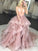 Pink Tulle Spaghetti Straps Ruffles Ball Gown Prom Dresses V Neck Long Evening Dresses