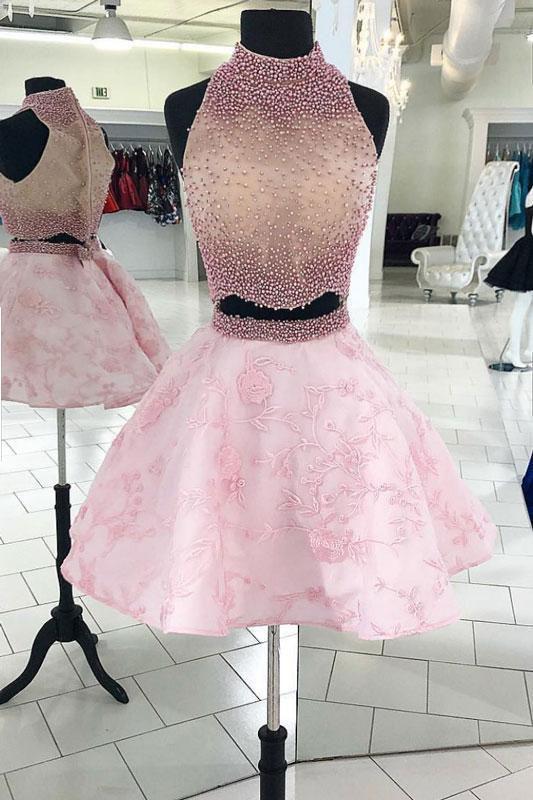Pink Two Pieces Beads Lace Short Prom Dresses Halter Sleeveless Homecoming Dresses