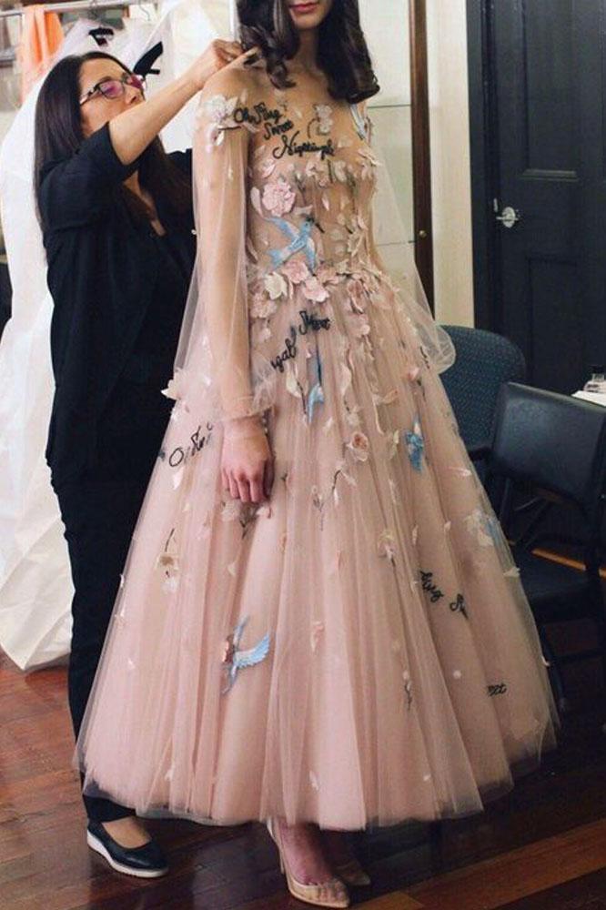 Princess A-Line Long Sleeve Blush Pink Tulle Prom Dresses with Embroidery Homecoming Dress