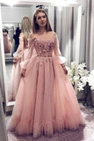 Princess Ball Gown Blush Pink Lace Off the Shoulder Prom Dresses With Long Sleeves