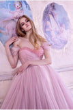 Princess Ball Gown Pink Tulle Off the Shoulder Lace up Homecoming Dresses with Bowknot