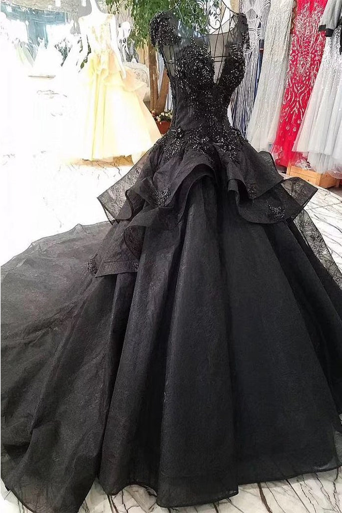 Princess Black Ball Gown Beaded Prom Dresses Tulle Long Quinceanera Dresses