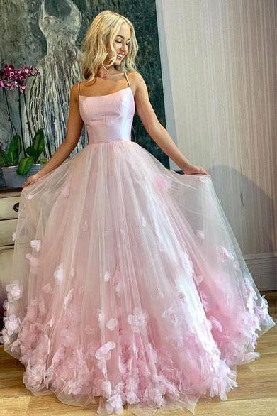 Princess Pink Spaghetti Straps Prom Dresses Scoop Long Cheap Dance Dress with Flowers