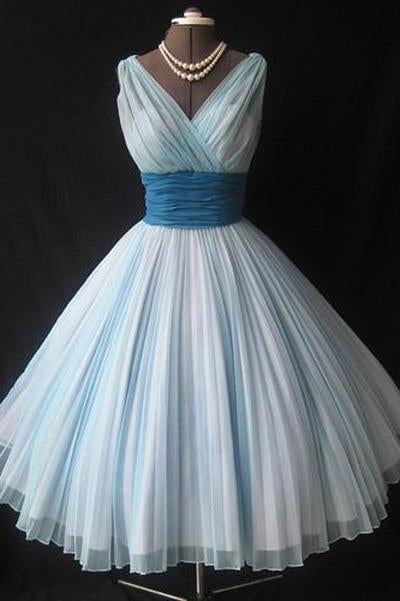 A Line V Neck Tulle Blue Short Knee Length Sleeveless Cute Mini Homecoming Dresses