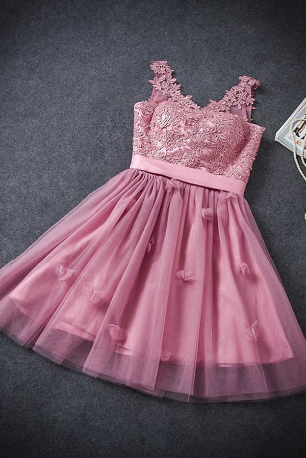 A Line Tulle Lace Appliques Lace up V Neck Pink Short Prom Dresses Homecoming Dresses