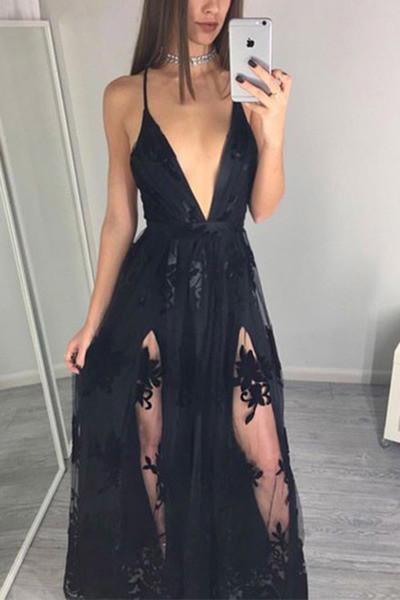 Sexy black tulle lace applique V-neck see-through evening dresses summer long
