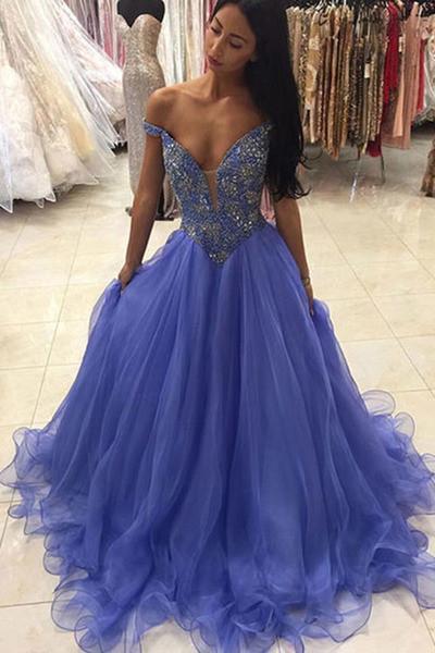 Blue organza V-neck sequins A-line long prom dresses graduation dress for