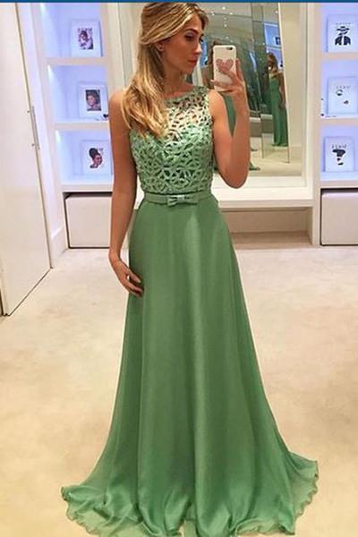 Simple green chiffon round-neck formal prom dressï¼long