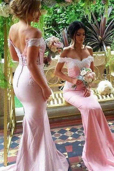 Pink chiffon lace off-shoulder long prom dresses bridesmaid