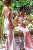 Pink chiffon lace off-shoulder long prom dresses bridesmaid