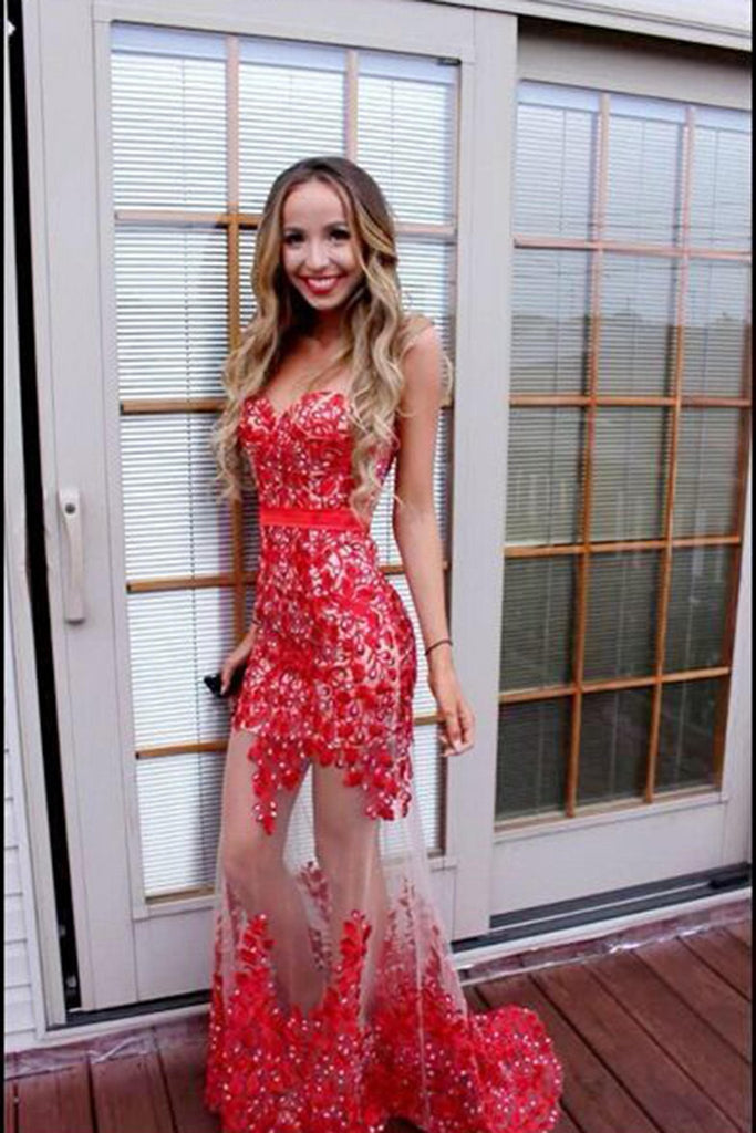 Sexy red lace sweetheart see-through mermaid long homecoming dress prom
