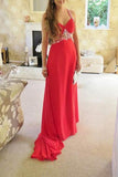 Coral chiffon v-neck beading long prom dress summer dress with