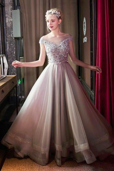 Stunning gray organza sequins beading see-through off-shoulder ball gown dress Prom