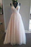 Pretty pink tulle lace v-neck A-line long dress prom dress for