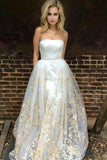 A-Line Strapless Lace Appliques Ivory Tulle Prom Dresses with Appliques Pockets