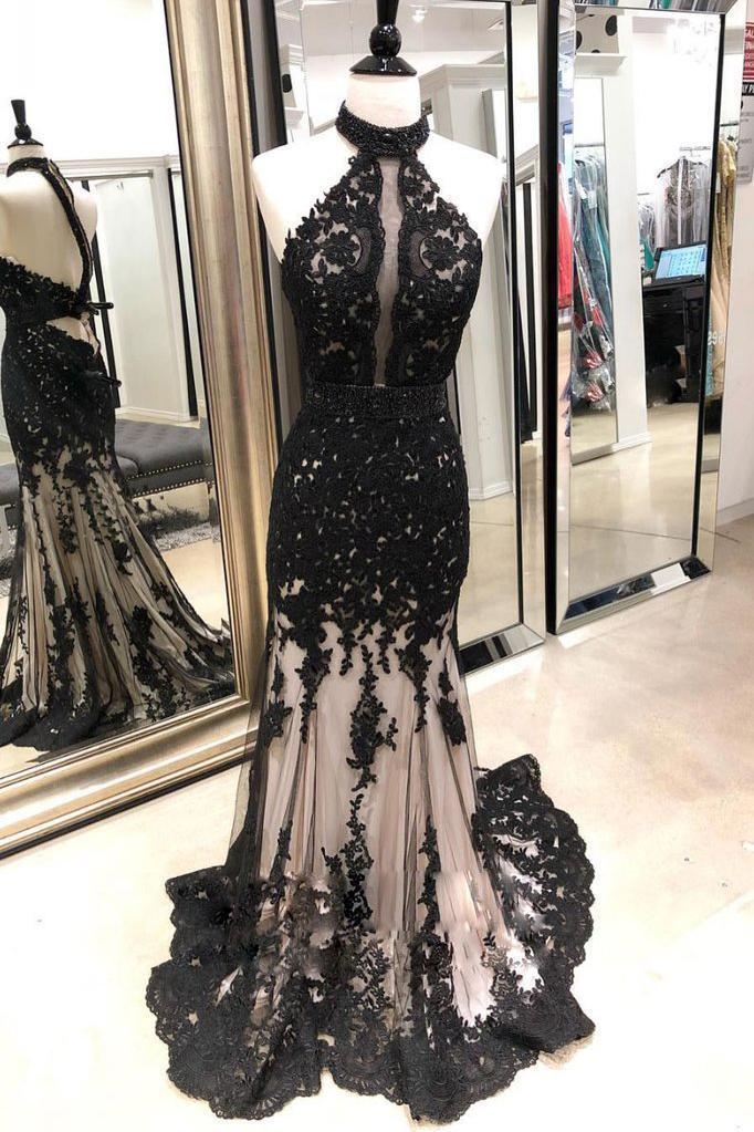 Black Lace Mermaid Long Tulle Halter Backless Beads Prom Dresses Cheap Evening Dresses