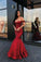 Red Mermaid Long V Neck Prom Dresses Off the Shoulder Evening Party Dresses