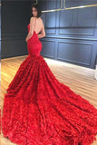 Red Mermaid Prom Dresses Spaghetti Straps V Neck Trumpet Rose Lace Evening Dresses