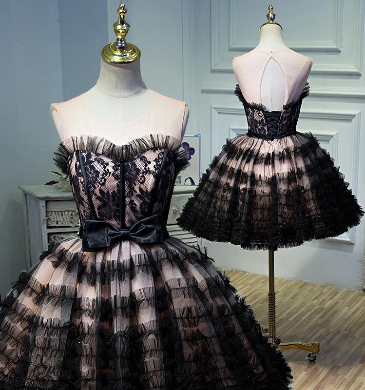 Round Neck Open Back Black and Pink Bowknot Lace up Homecoming Dresses with Tulle
