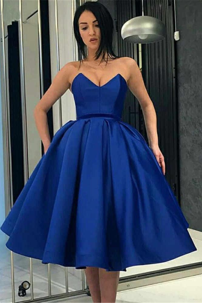 Royal Blue V Neck Satin Strapless Short Prom Dresses with Pockets Homecoming Dresses