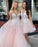 Princess V Neck Pink Long Tulle Lace Appliques Open Back Party Dress Prom Dresses