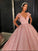 Chic Ball Gown Straps Pink Cap Sleeve Sparkly V Neck Beads Quinceanera Dress with Pockets