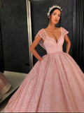 Chic Ball Gown Straps Pink Cap Sleeve Sparkly V Neck Beads Quinceanera Dress with Pockets