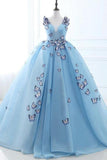 Ball Gown Long Sky Blue Butterfly V Neck Appliques Lace up Prom Quinceanera Dresses