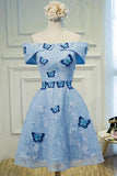 Cute A Line Sky Blue Lace Butterfly Appliques Off the Shoulder Homecoming Dresses