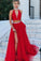 A Line Red Two Pieces V Neck Beads High Neck Slit Tulle Long Prom Dresses