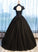Black Tulle Cap Sleeve Long High Neck Beads Ball Gown Open Back Prom Dresses