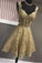 Cute A Line Gold V Neck Lace Appliques Short Prom Dresses Homecoming Dresses