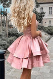Satin A Line One Shoulder Pink Short Homecoming Dresses with Above Knee