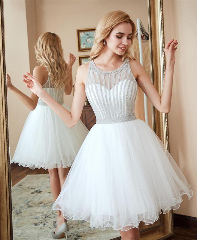 Scoop A Line White Homecoming Dresses Sequins Above Knee Tulle Short Prom Dresses