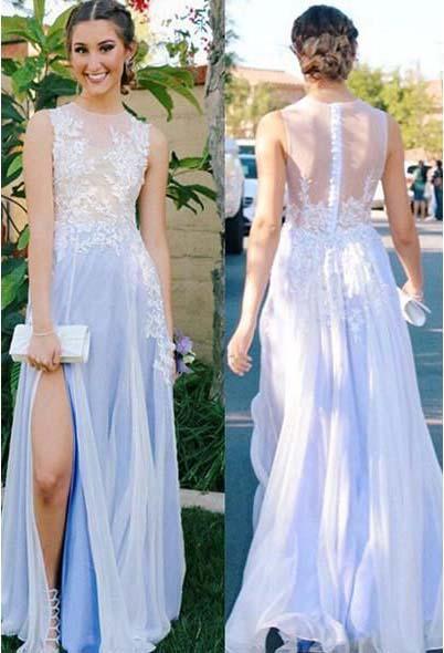 See Through Side Slit Pale Blue Lace Chiffon Scoop Party Dresses Prom Dresses
