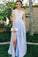 See Through Side Slit Pale Blue Lace Chiffon Scoop Party Dresses Prom Dresses