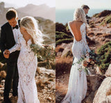 See Through V Neck Lace Rustic Wedding Dresses Long Sleeve Mermaid Wedding Dress