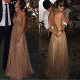 Sexy A-line Spaghetti Straps Deep V-neck Sexy Backless Sequins Prom Party Dresses