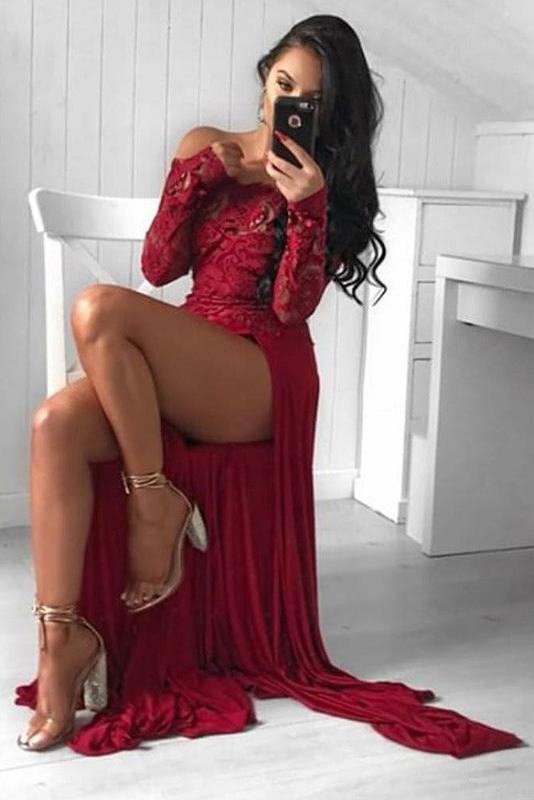 Sexy A Line Off the Shoulder Long Sleeve Dark Red Prom Dress with Lace High Split