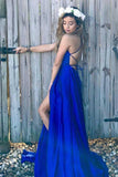 Sexy A line Blue Prom Dresses with High Slit Criss Cross Sleeveless Evening Dresses