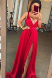 Sexy Chiffon Long Red Prom Dresses Long V Neck Evening Party Dress with Split Slit