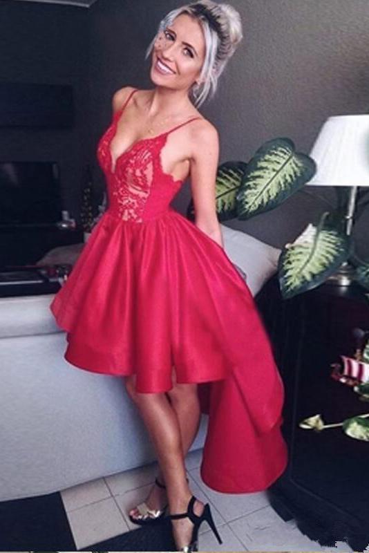 Sexy High Low Red Spaghetti Straps V Neck Homecoming Dresses Short Cocktail Dresses