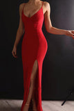 Sexy Mermaid Spaghetti Straps V Neck Red Side Slit Satin Long Prom Dresses