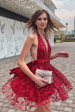 Sexy Red Halter V Neck Beads Lace Appliques Homecoming Dresses Short Cocktail Dress