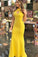 Sexy Sheath Halter Floor Length Ruffles Satin Prom Dresses Yellow Long Formal Dresses